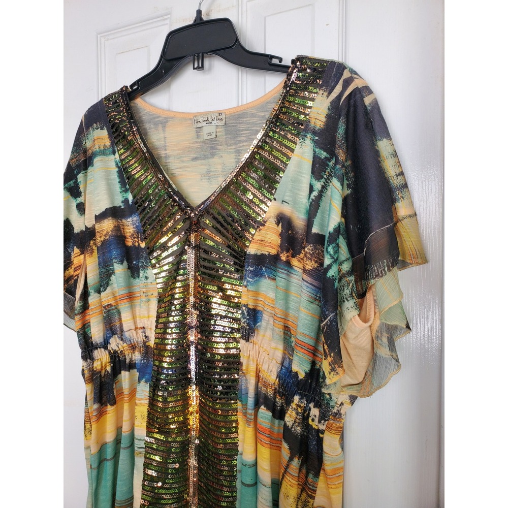 Live‎ and Let Live Tunic Top Green Yellow Sequin V-Neck Boho Flutter Sleeve 2X - Picture 3 of 7